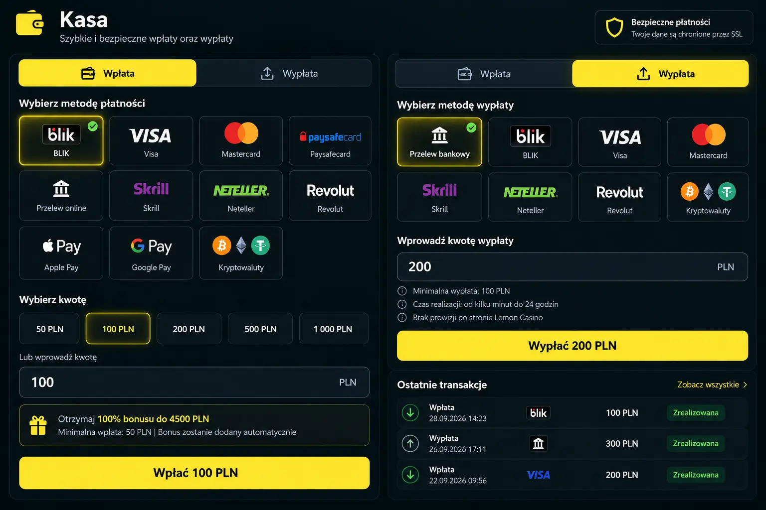 Sekcja wpłat i wypłat w kasie Lemon Casino