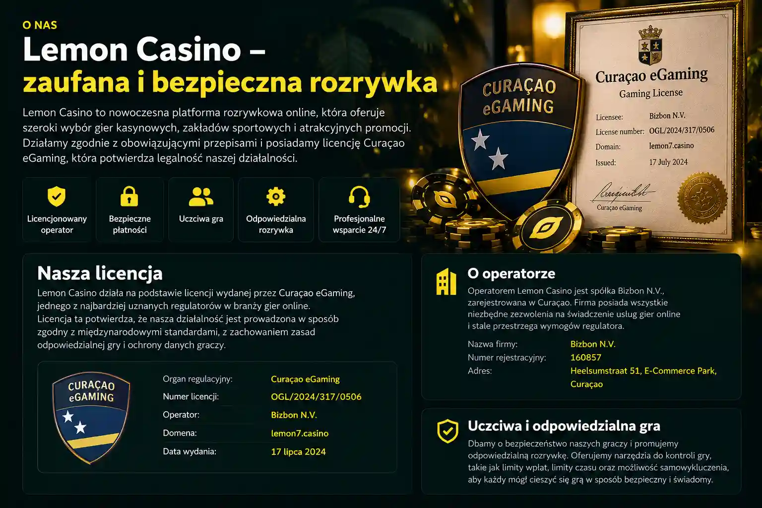Informacje o licencji Curacao i operatorze Lemon Casino