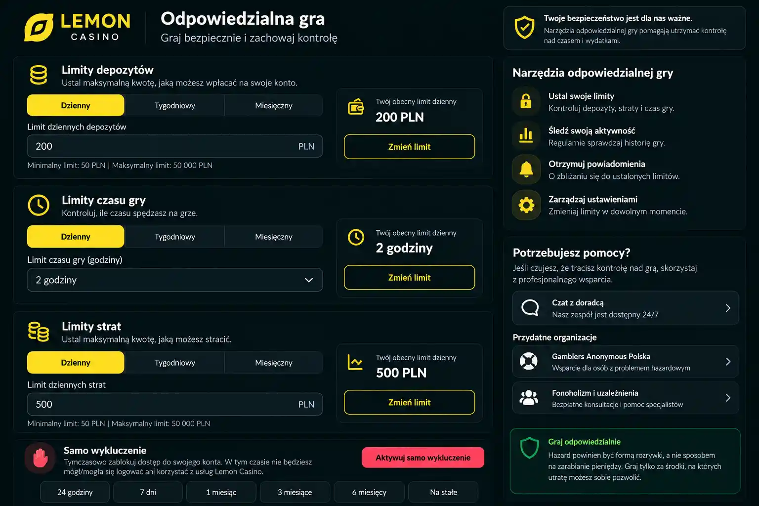 Panel narzędzi odpowiedzialnej gry w Lemon Casino