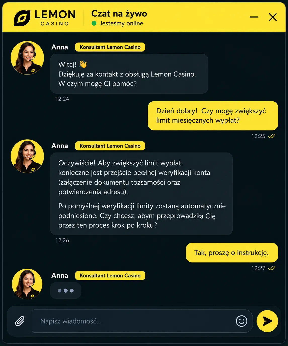 Okno czatu na żywo z obsługą klienta Lemon Casino
